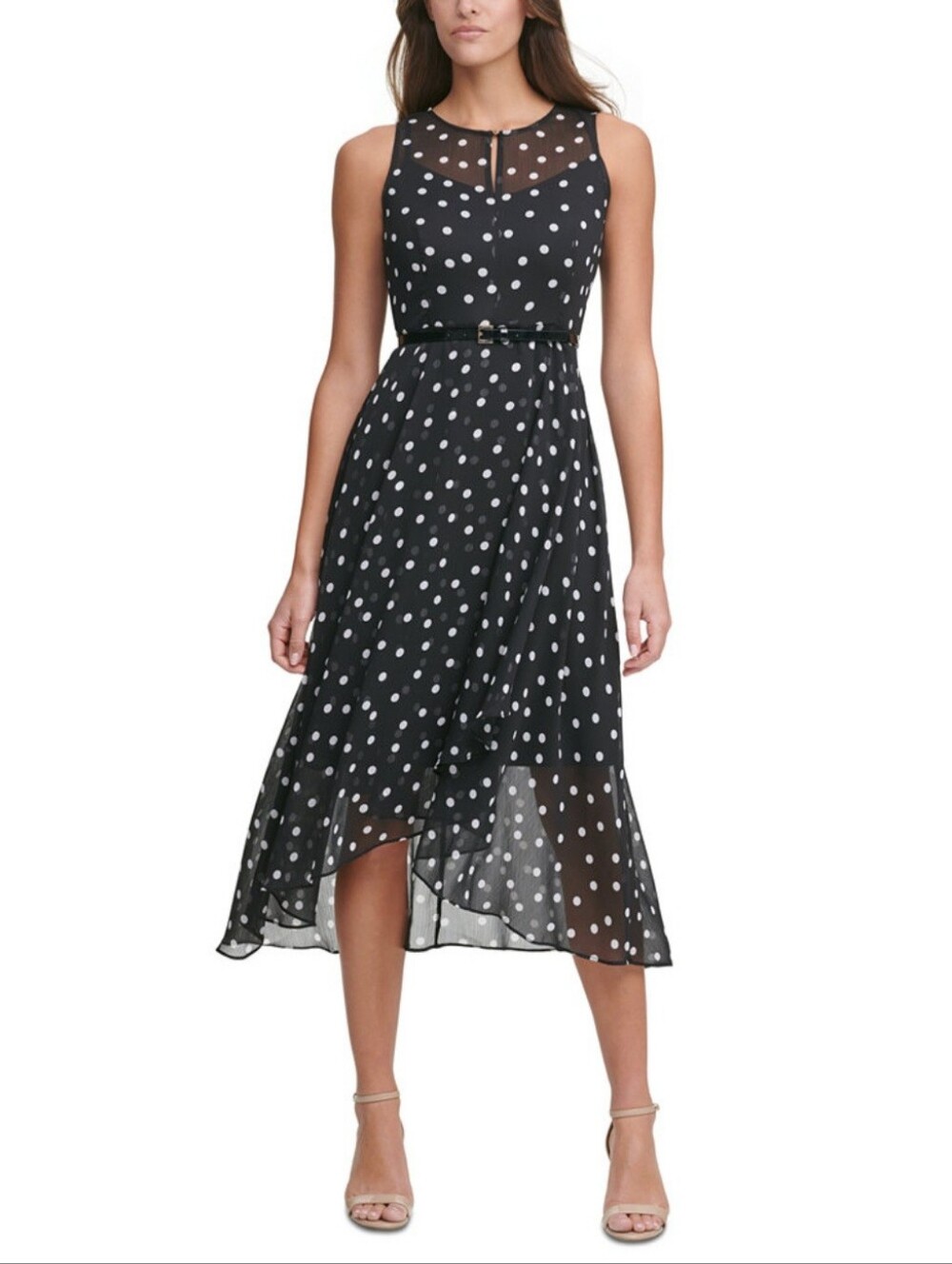 Tommy Hilfiger Polka Dot Sleeveless Belted Chiffon Midi Dress